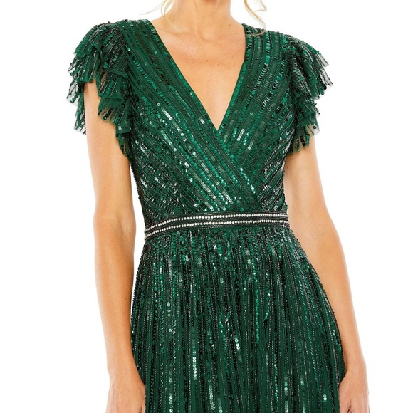 Mac Duggal Women Sequin Wrap Gown with added sleeves and material by cleavage - Picture 2 of 6